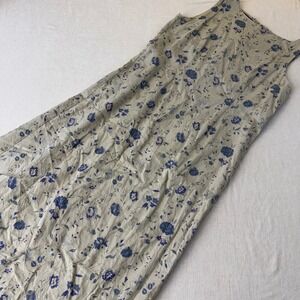 Laura Ashley Womens Size 14 Tan Blue Floral Embroidered Linen Blend Maxi Dress